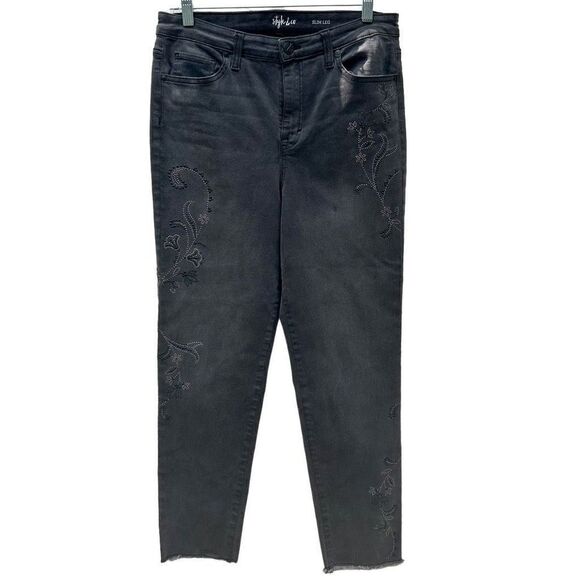 Style & Co Jeans Women’s Size 12 Gray Raw Hem Slim Leg Bead Embellished - Picture 1 of 7